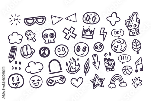 Set of hand-drawn punk rock and skater doodles. Youth culture graffiti-style icons including skull, lightning bolt, and peace signs for stickers and t-shirt prints.