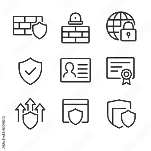 Network Security Icons. Outline icon set of network security: firewall shield, intrusion detection sensor, VPN padlock, SSL