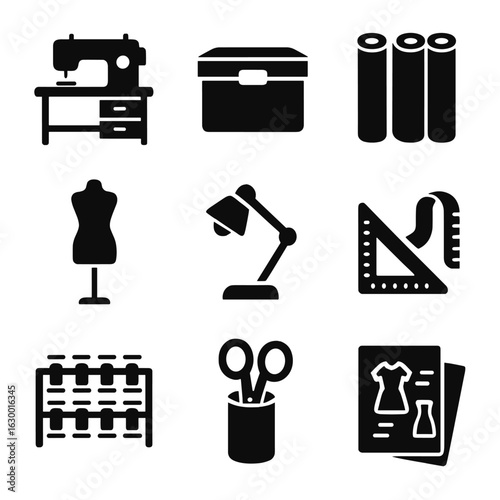 Crafting Icons Grid. Solid, filled icons set of crafting workspace: sewing table, storage box, fabric rolls,