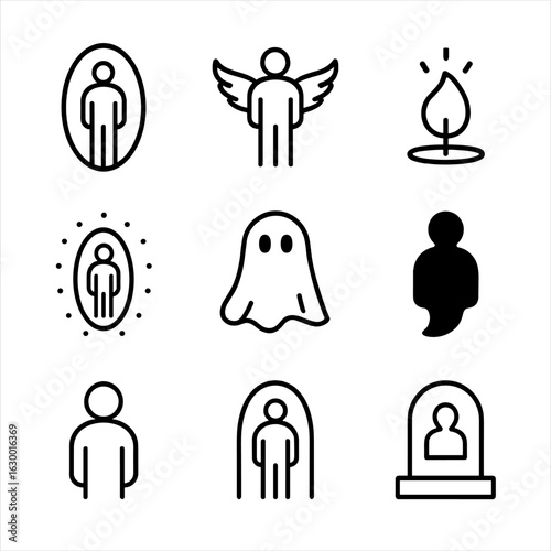 Ghostly Icon Collection. Outline icon set of ghost and spirit symbols: aura, energy field, spirit wings, ghost light, ethereal