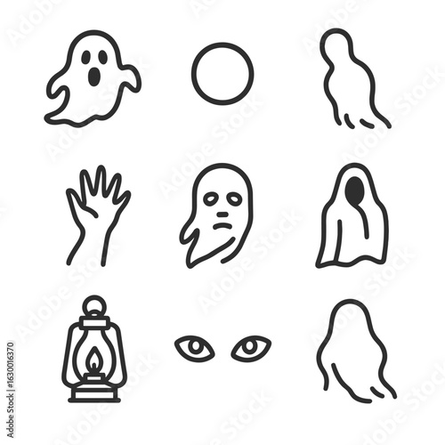 Ghostly Icon Set. Outline icon set of ghostly apparitions: translucent ghost silhouette, floating orb, shadow figure, spectral