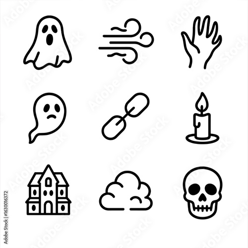 Ghostly Icon Set. Outline icon set of ghostly spirits: apparition, fog, spectral hand, floating orb, chains, candle flame, old