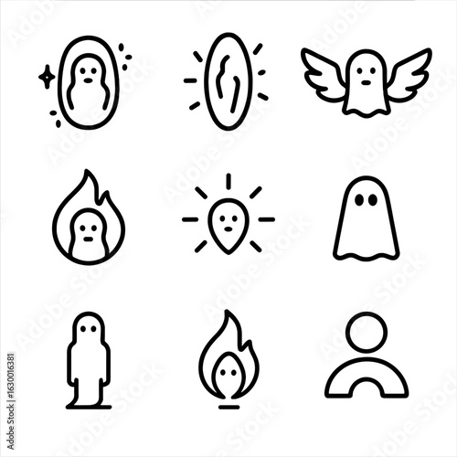 Ghostly Icon Collection. Outline icon set of ghost and spirit symbols: aura, energy field, spirit wings, ghost light, ethereal