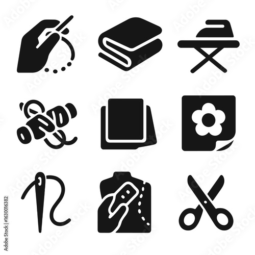 Crafting Process Icons. Solid, filled icons set of crafting processes: stitching hand, fabric folding, ironing