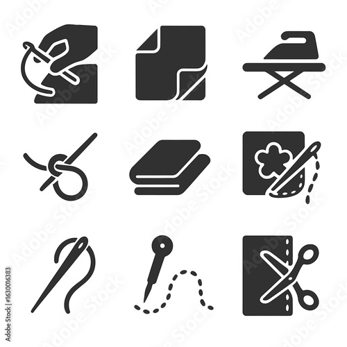 Crafting Process Icons. Solid, filled icons set of crafting processes: stitching hand, fabric folding, ironing