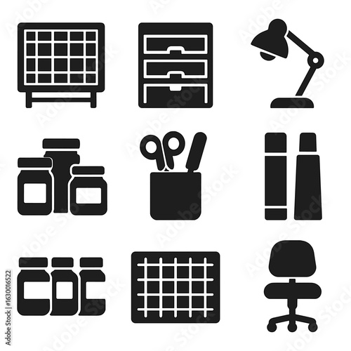 Crafting Workspace Icons. Solid, filled icons set of crafting workspace setup: cutting table, organizer trays,