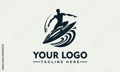 Silhouette of a surfer riding a wave on a surfboard, inside a circle.