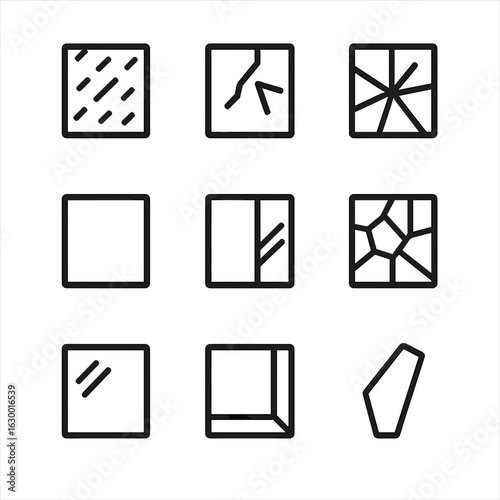Glass Texture Icons. Outline icon set of glass-like textures: frosted glass, cracked glass, shattered glass, smooth pane, tinted