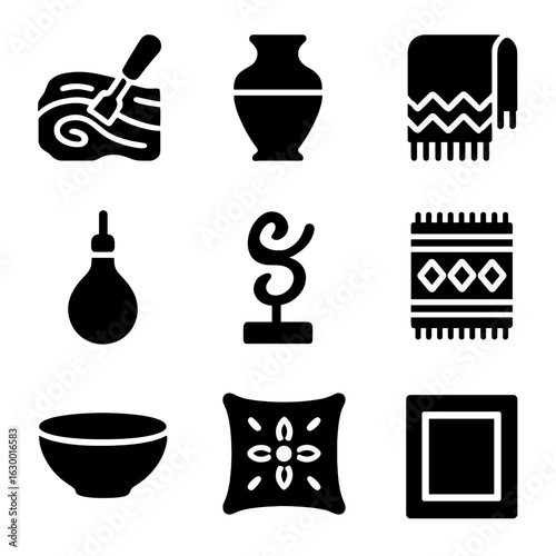 Craftsmanship Icon Collection. Solid, filled icons set of Craftsmanship décor: hand-carved wood, pottery vase,