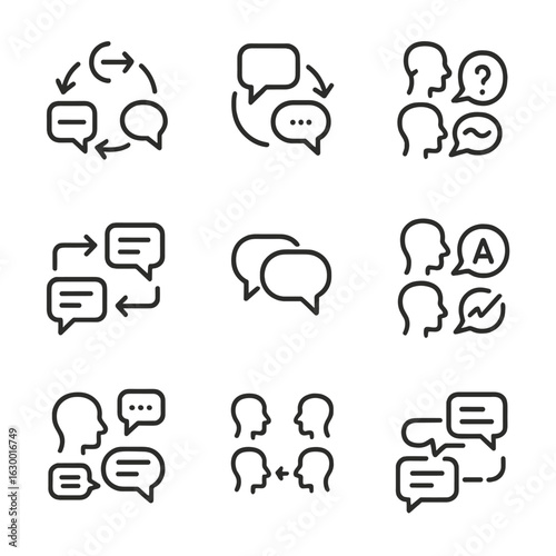 Nonlinear Communication Icons. Outline icon set of nonlinear communication: simultaneous channels, feedback, multiple