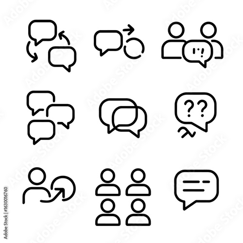 Nonlinear Communication Icons. Outline icon set of nonlinear communication: simultaneous channels, feedback, multiple
