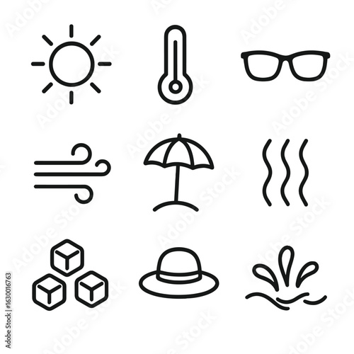 Noon Weather Icon Grid. Outline icon set of noon weather: sun with clear sky, thermometer, sunglasses, light breeze, parasol, heat