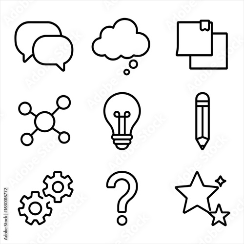 Creative Brainstorming Icons. Outline icon set of creative brainstorming session: speech bubbles, thought