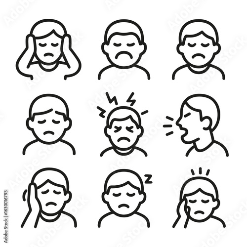 Noise Reaction Icons. Outline icon set of human reactions to noise: hands over ears, grimace face, annoyed face, tired eyes,