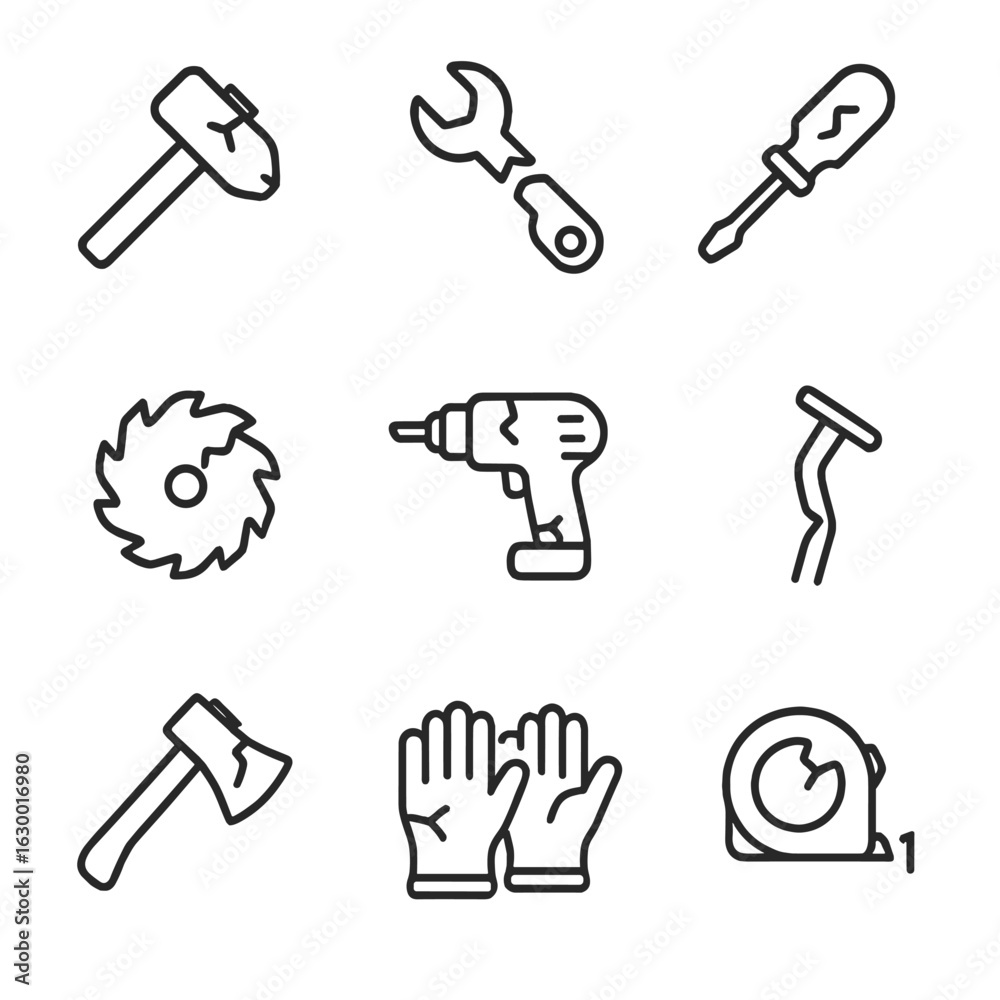 Broken Tools Icon Set. Outline icon set of broken tools: cracked hammer, broken wrench, snapped screwdriver, broken saw blade, Broken Tools Icon Set. Outline icon set of broken tools: cracked hammer, broken wrench, snapped screwdriver, broken saw blade,