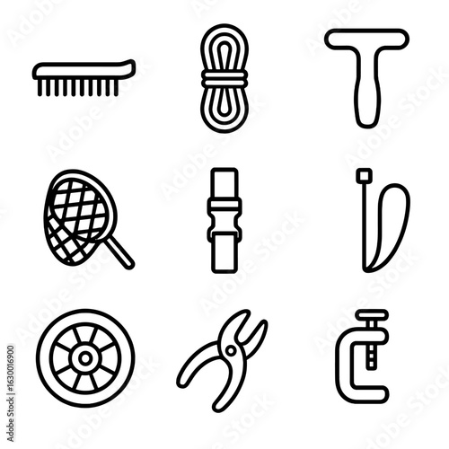 Nylon Tools Icon Set. Outline icon set of nylon tools and equipment: nylon brush, nylon cable, nylon handle, nylon line spool,