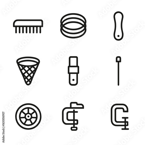 Nylon Tools Icon Set. Outline icon set of nylon tools and equipment: nylon brush, nylon cable, nylon handle, nylon line spool,