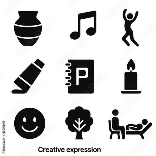 Creative Expression Icons. Solid, filled icons set of creative expression for healing: clay pot, music notes,