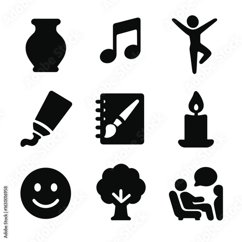 Creative Expression Icons. Solid, filled icons set of creative expression for healing: clay pot, music notes,