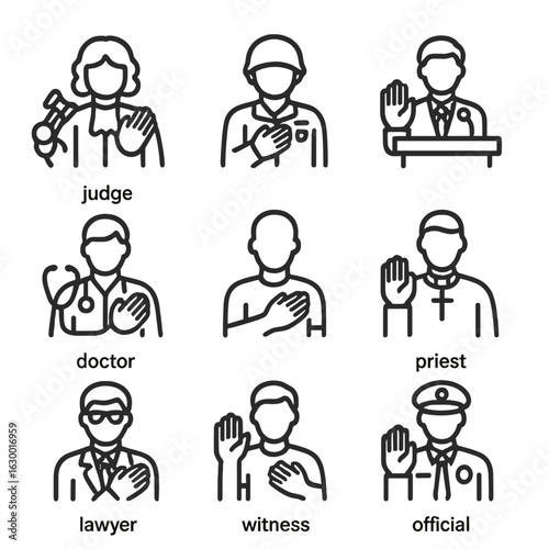 Oath Icons Set. Outline icon set of oath participants: judge, soldier, politician, doctor, citizen, priest, lawyer, witness,