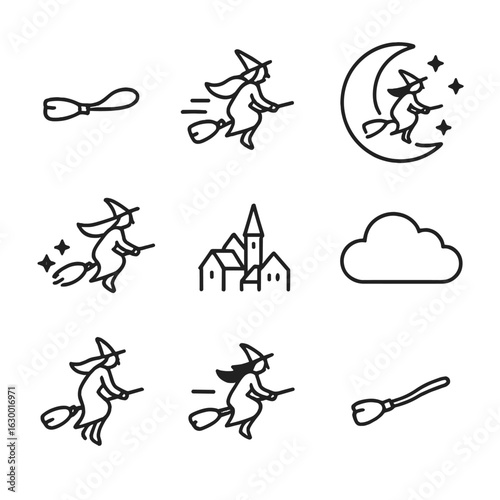 Broomstick Travel Icons. Outline icon set of broomstick travel: broomstick silhouette, flying pose, wind lines, moonlit sky