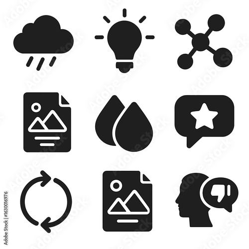 Creative Icons Grid. Solid, filled icons set of creative processes: brainstorming cloud, light bulb, mind map,