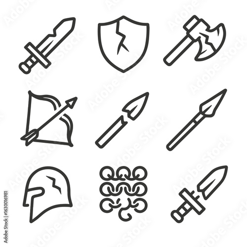 Broken Weapon Icons. Outline icon set of weapon fragments: broken sword, shattered shield, cracked axe, splintered bow, broken