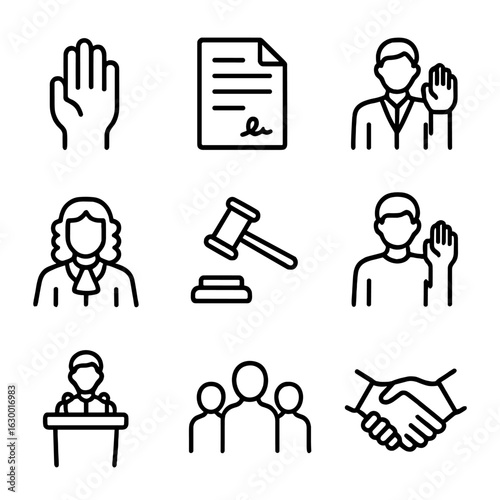 Oath Ceremony Icons. Outline icon set of oath ceremony: raised hand, contract, witness, judge, gavel, pledge, podium, audience,