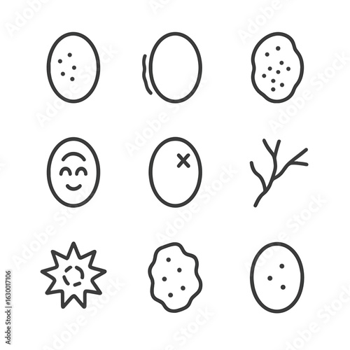 Bruise Icons Set. Outline icon set of bruises: fresh bruise, swelling, discoloration, pain area, healing bruise, blood vessel,