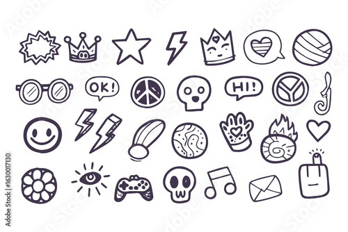 Set of hand-drawn punk rock and skater doodles. Youth culture graffiti-style icons including skull, lightning bolt, and peace signs for stickers and t-shirt prints.