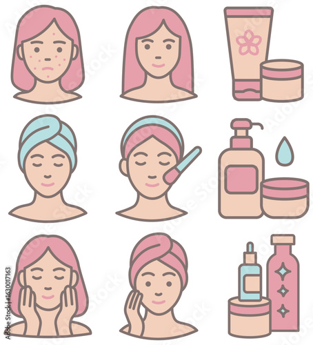 Set of flat vector icons on skincare: acne treatment, facial cleansing, moisturizing, beauty routine, cosmetics. Minimal, clean, soft pastel colors, perfect for self-care and dermatology themes.