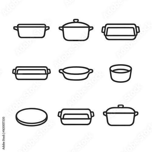 Oven-Safe Stoneware Icons. Outline icon set of oven-safe stoneware: casserole dish, dutch oven, baking tray, lasagna pan, gratin