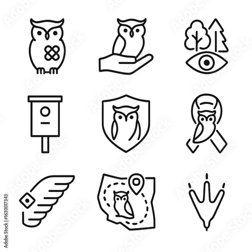 Owl Conservation Icons Grid. Outline icon set of owl conservation: injured owl silhouette, rescue hand holding owl, habitat