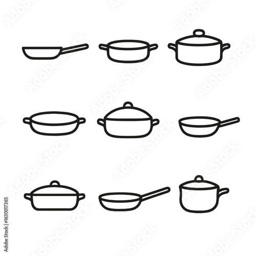 Gourmet Cookware Icons. Outline icon set of gourmet cookware: sauté pan, copper pan, brazier, gratin dish, fish kettle, saucier,
