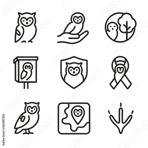 Owl Conservation Icons Grid. Outline icon set of owl conservation: injured owl silhouette, rescue hand holding owl, habitat