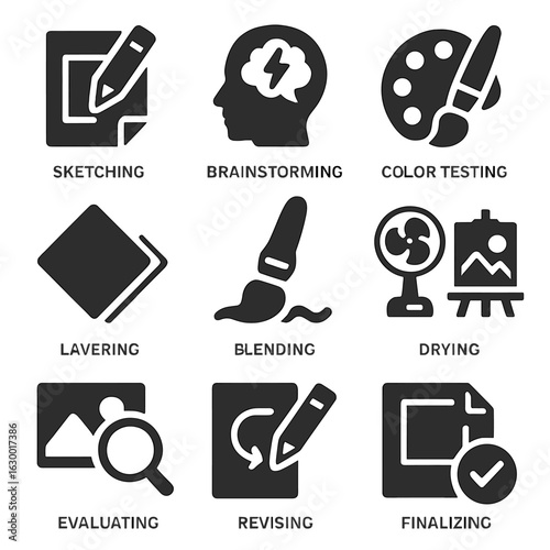 Creative Process Icons. Solid, filled icons set of creative process stages: sketching, brainstorming, color