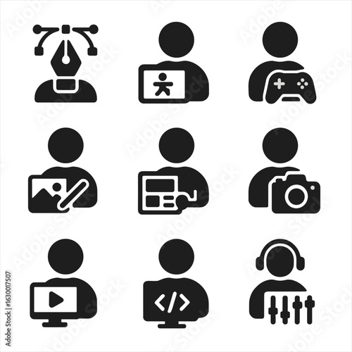 Creative Professions Icons. Solid, filled icons set of creative professions in digital age: graphic designer,