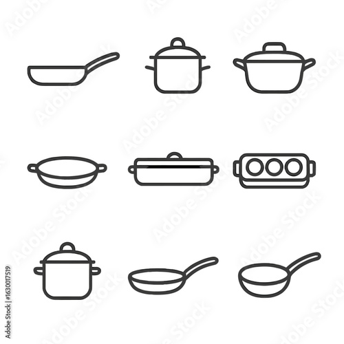 Gourmet Cookware Icons. Outline icon set of gourmet cookware: sauté pan, copper pan, brazier, gratin dish, fish kettle, saucier,