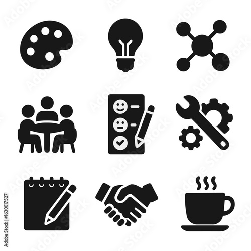 Creative Teamwork Icons. Solid, filled icons set of creative teamwork: paint palette, idea bulb, mind map,