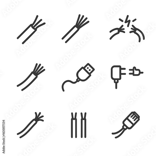 Cable Icons Collection. Outline icon set of cut cable and wire: electrical cable cut, wire stripped, severed power line, broken