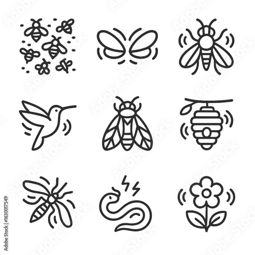 Buzzing Nature Icons. Outline icon set of buzzing nature sounds: bee swarm, insect wings, buzzing fly, hummingbird, cicada, wasp