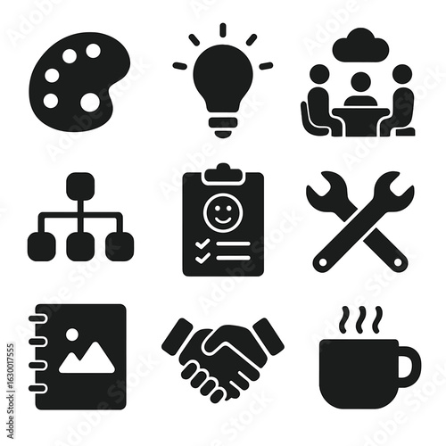 Creative Teamwork Icons. Solid, filled icons set of creative teamwork: paint palette, idea bulb, mind map,