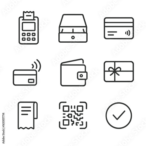 Payment Icons Grid. Outline icon set of checkout and payment: POS terminal, cash drawer, credit card, contactless icon, e-wallet,
