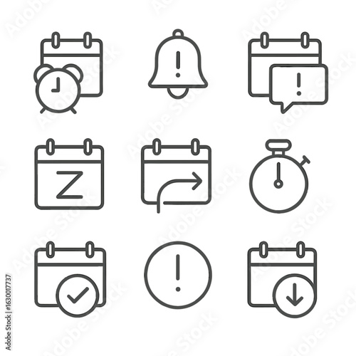 Calendar Icon Set. Outline icon set of calendar reminders: alarm clock, alert bell, popup reminder, snooze icon, reschedule icon,