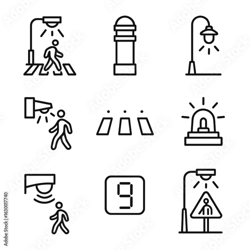 Pedestrian Safety Icon Set. Outline icon set of pedestrian safety lighting: crosswalk illumination, bollard light, pathway lamp,