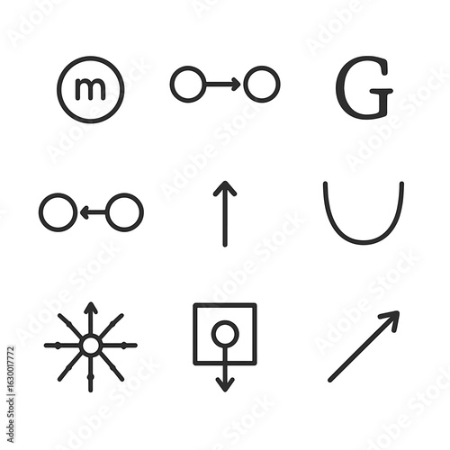 Gravitational Force Icons. Outline icon set of gravitational force components: mass, distance vector, gravitational constant,
