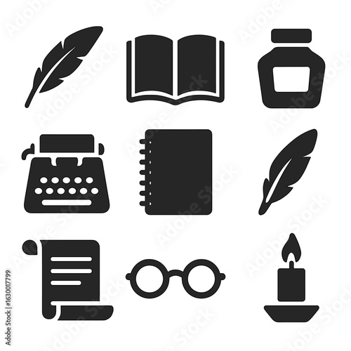 Creative Writing Icons. Solid, filled icons set of Creative writing and poetry sections: quill pen, open book,
