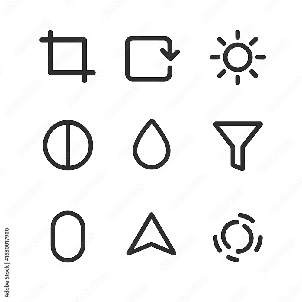 Camera Editing Icons. Outline icon set of phone camera editing tools: crop, rotate, brightness, contrast, saturation, filter,