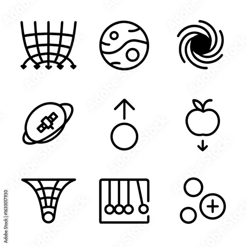 Gravity Icon Set. Outline icon set of gravity concepts: gravity field, planet, black hole, orbiting satellite, gravitational pull,
