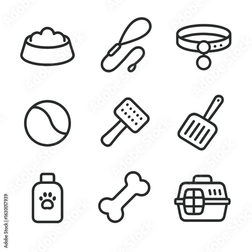 Pet Care Essentials. Outline icon set of pet care necessities: pet food bowl, leash, collar, toy ball, brush, litter scoop, pet